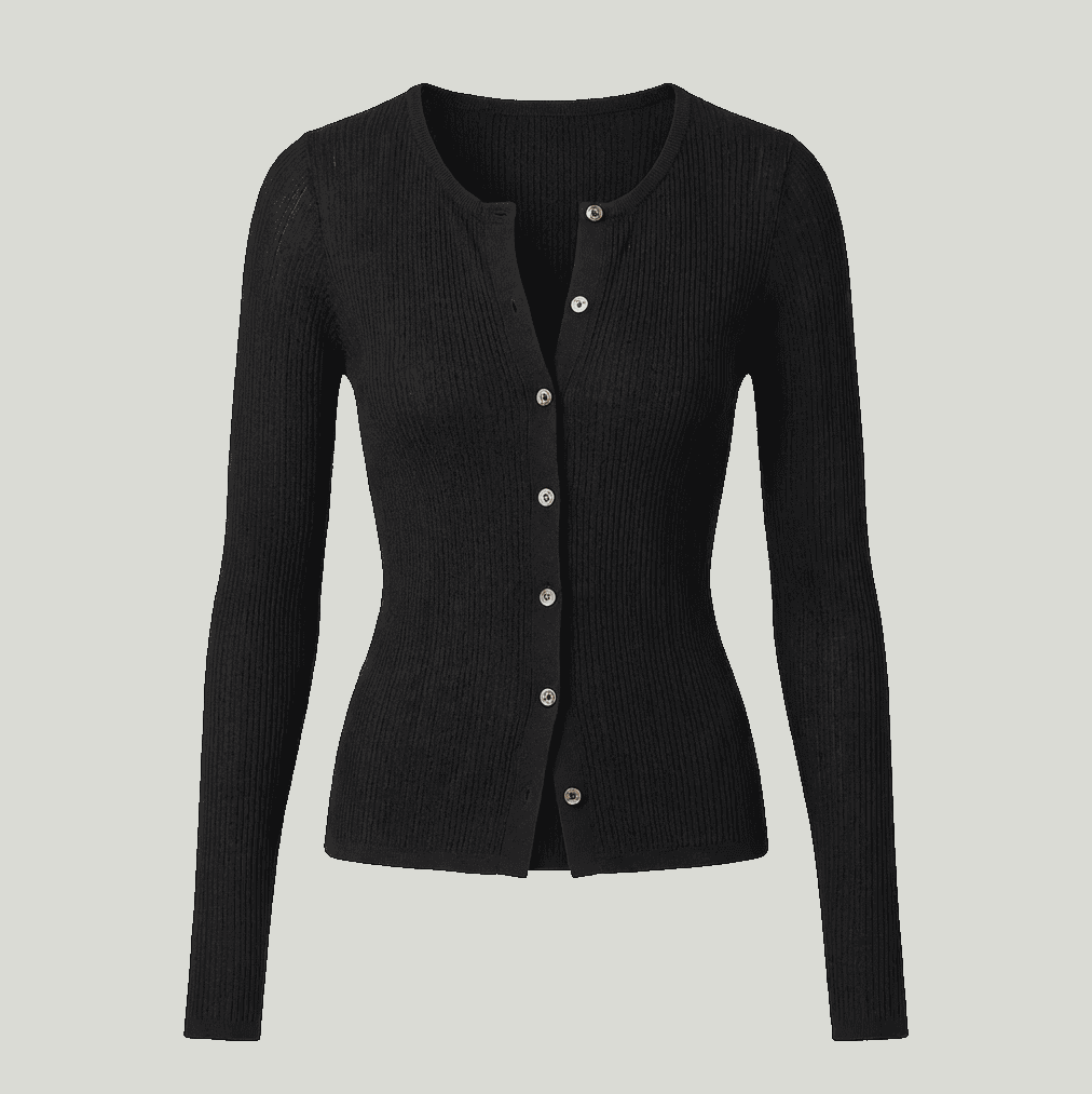 Stretchy Ribbed Knit Fitted Button Crew Neck Long Sleeve Cardigan Top