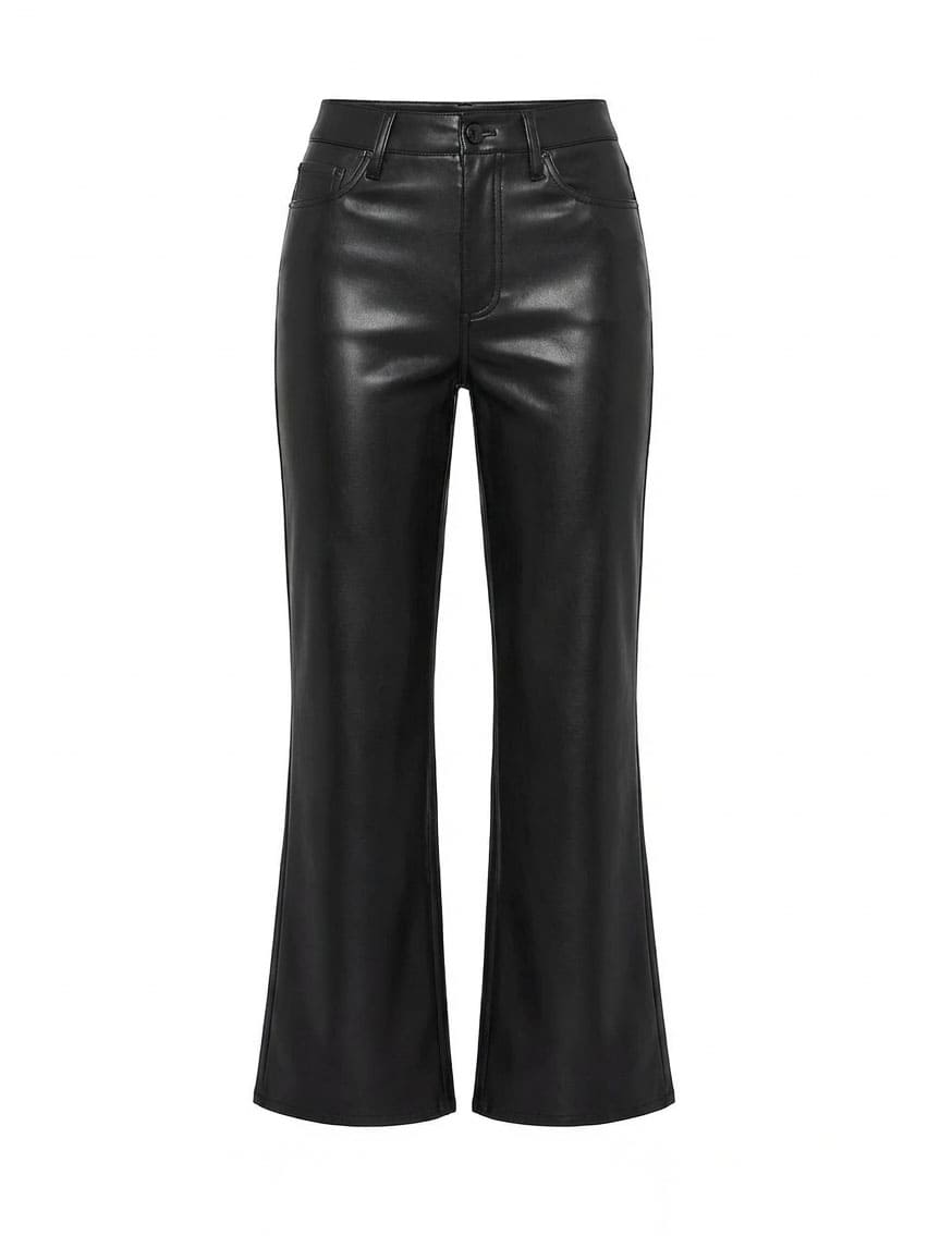 Black faux leather high-waisted cropped flare pants with button closure and front pockets, front view flat lay