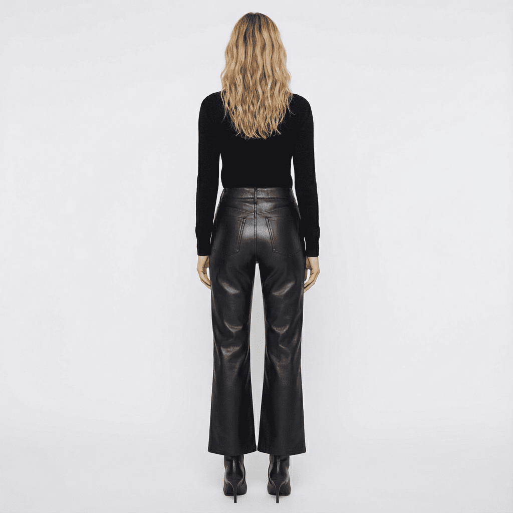 Model wearing black faux leather high-waisted cropped flare pants, back view showing back pockets and cropped hems, paired with a black turtleneck top and heeled ankle boots