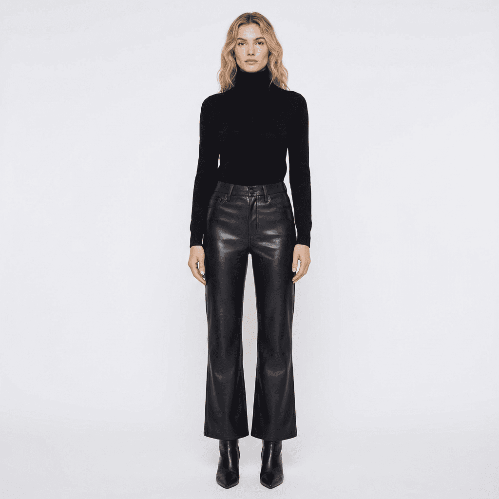Model wearing black faux leather high-waisted cropped flare pants, front view styled with a black ribbed turtleneck top and pointed-toe ankle boots