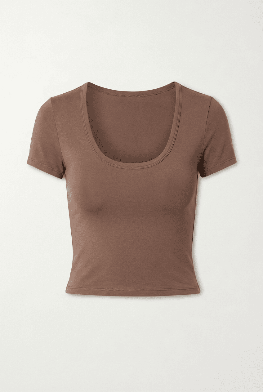 Mocha brown cropped scoop-neck tee with slim-fit short sleeves, front view flat lay