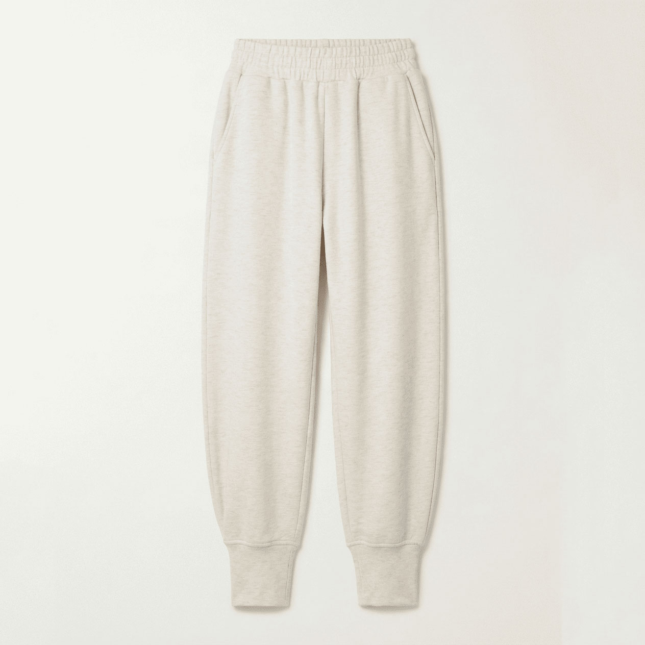 Heather grey high-waisted fleece jogger pants with elastic waistband and ribbed cuffs, front view flat lay
