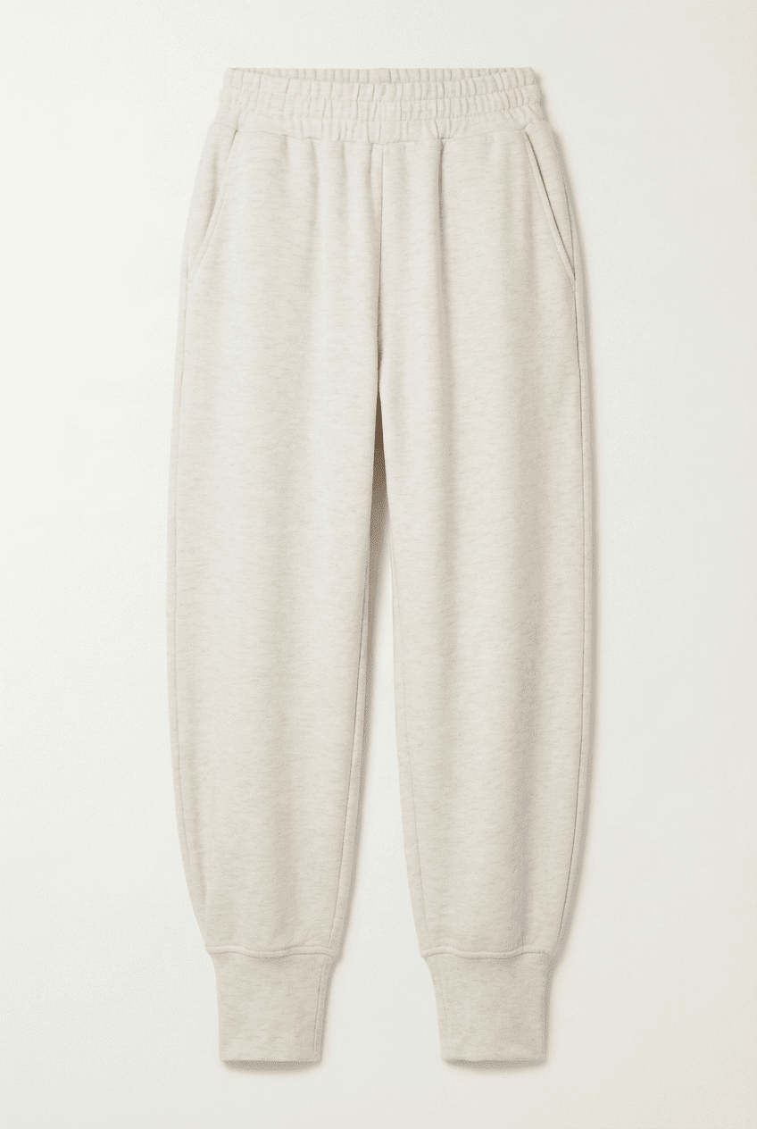 Heather grey high-waisted fleece jogger pants with elastic waistband and ribbed cuffs, front view flat lay