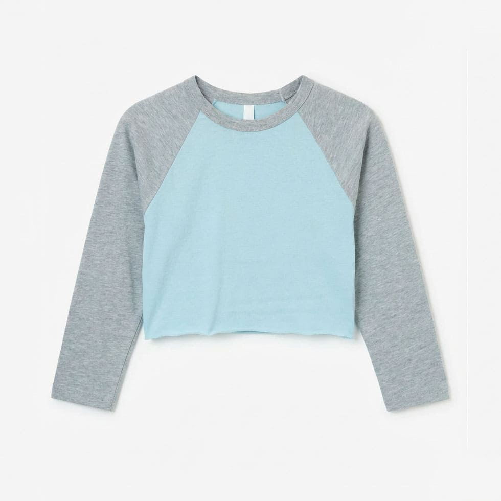 Light blue and grey raglan 3/4 sleeve cropped baseball tee, front view flat lay