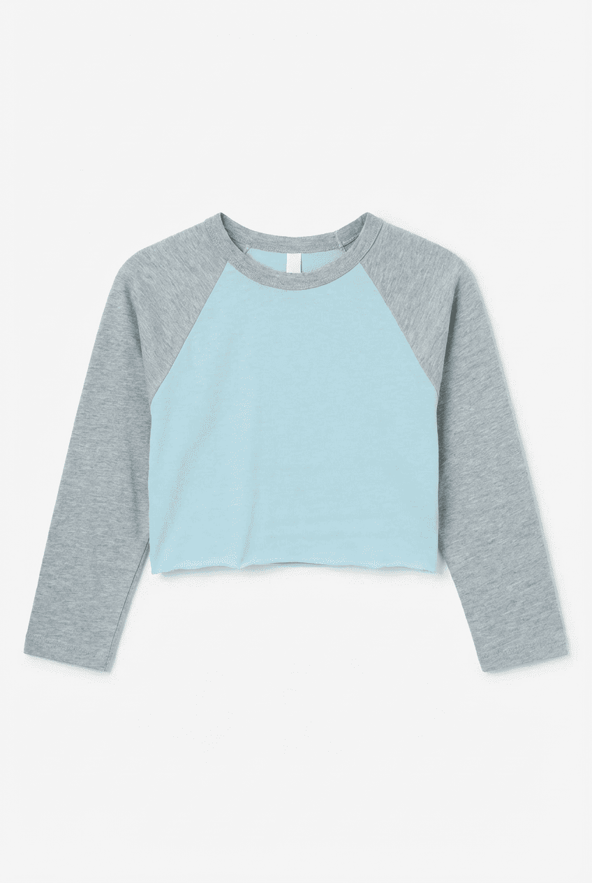 Light blue and grey raglan 3/4 sleeve cropped baseball tee, front view flat lay