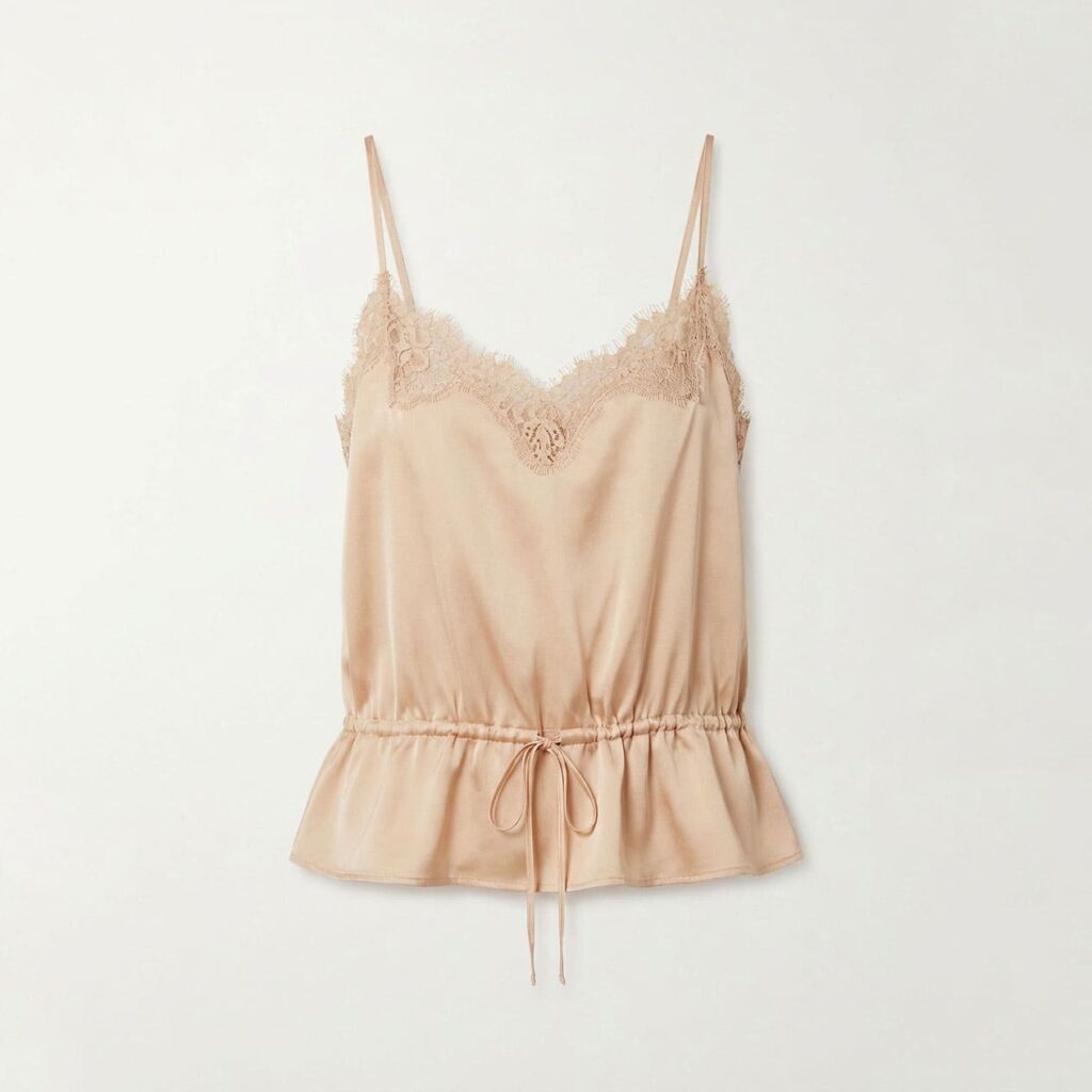 Champagne satin camisole with lace-trimmed V-neck, drawstring waist, and ruffled peplum hem, front view flat lay