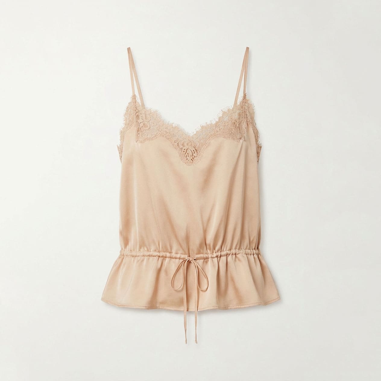 Champagne satin camisole with lace-trimmed V-neck, drawstring waist, and ruffled peplum hem, front view flat lay