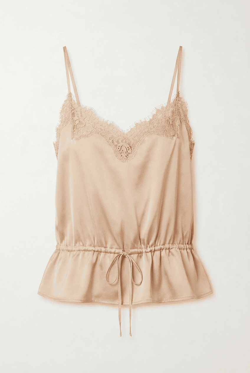 Champagne satin camisole with lace-trimmed V-neck, drawstring waist, and ruffled peplum hem, front view flat lay