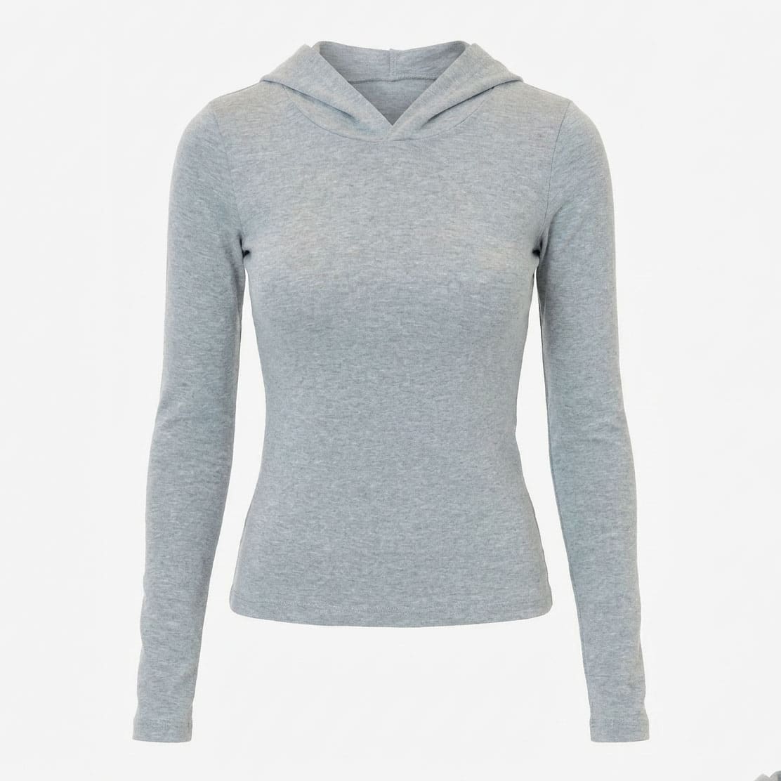 Heather grey slim-fit hooded long-sleeve top, front view flat lay