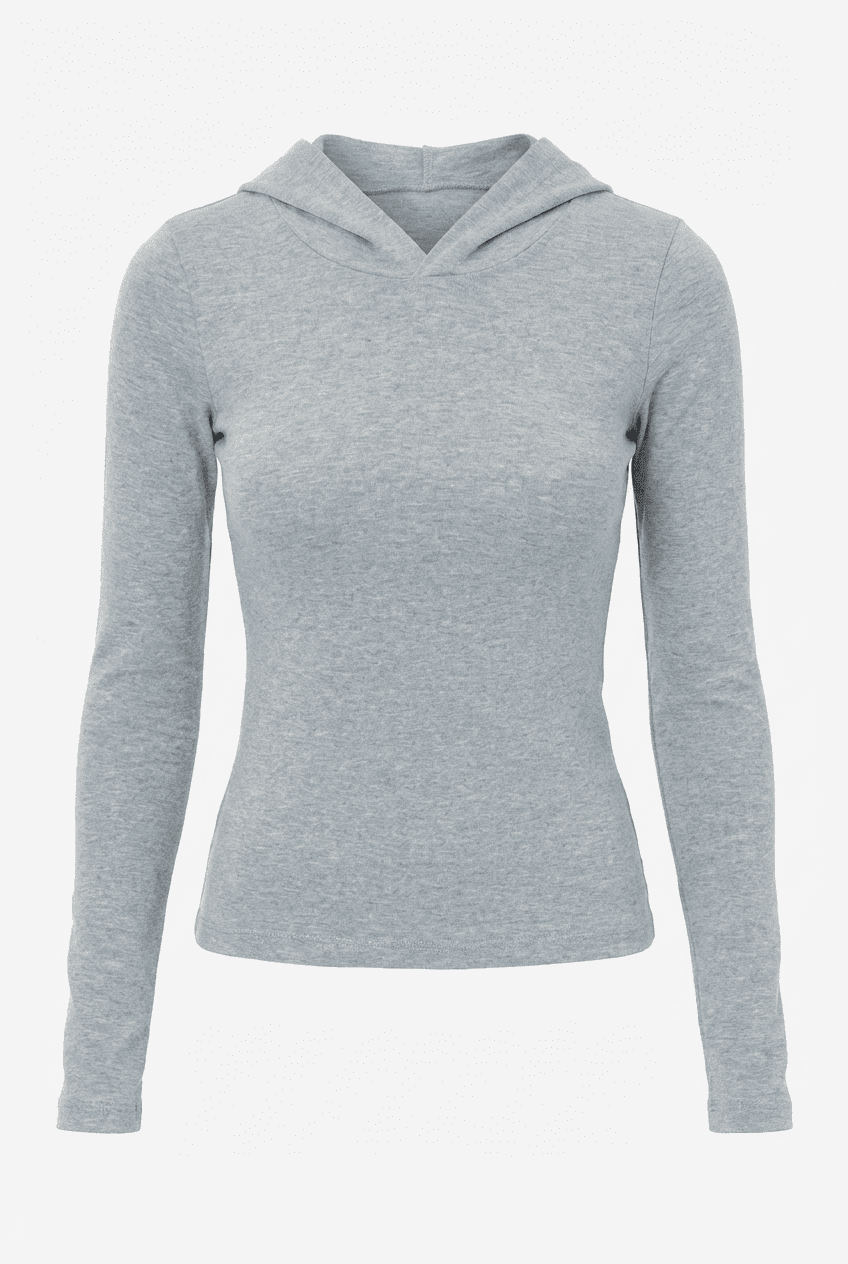 Heather grey slim-fit hooded long-sleeve top, front view flat lay