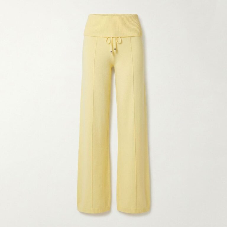 Women Light Yellow Ribbed Waist Wide Leg Pants