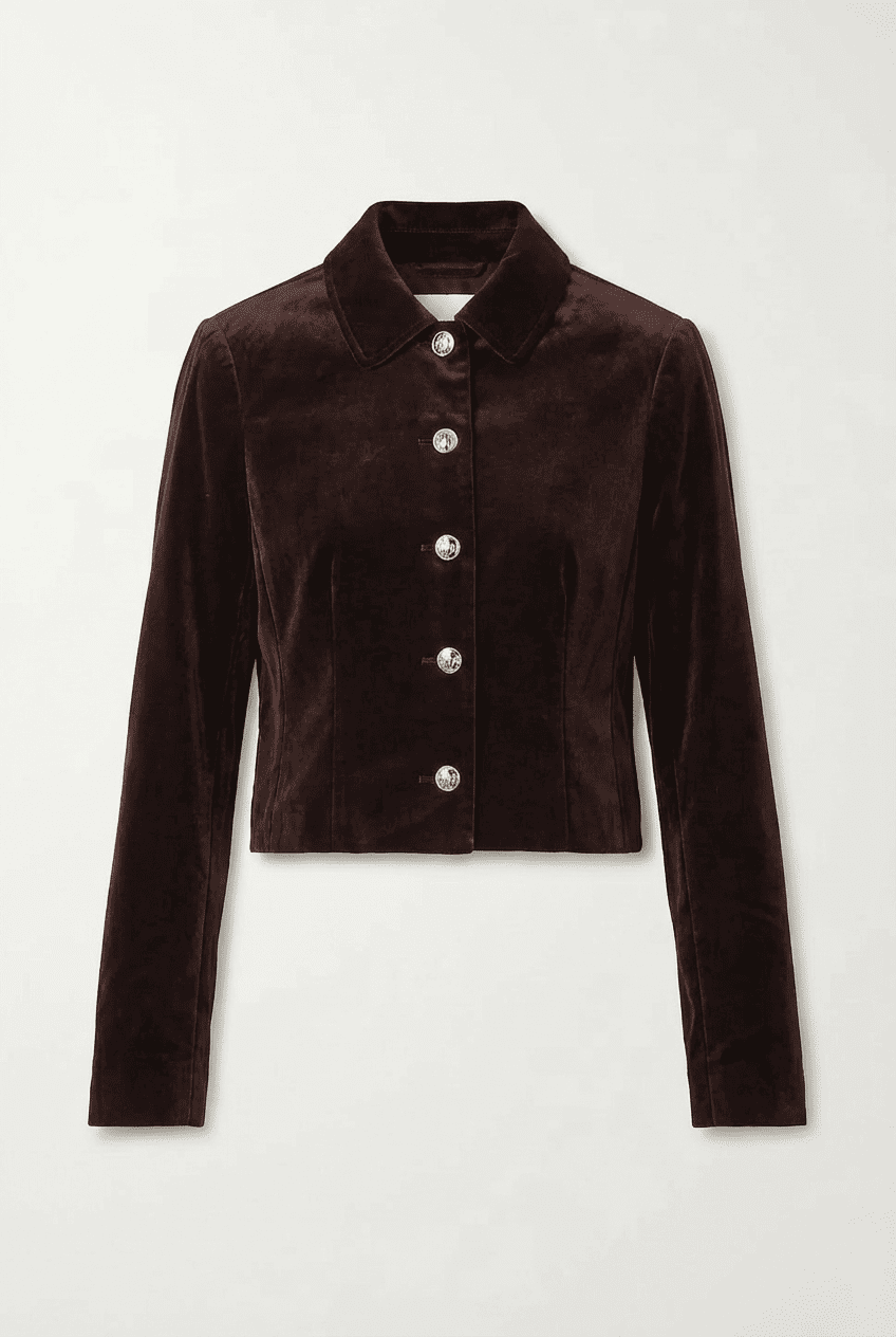 Dark brown velvet cropped jacket with pointed collar and metallic button front, front view flat lay