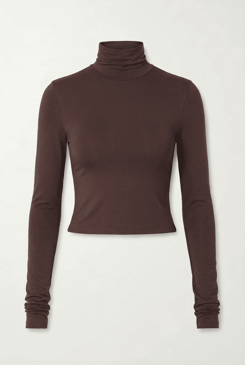 Chocolate brown slim-fit cropped turtleneck top, front view flat lay with ruched cuffs