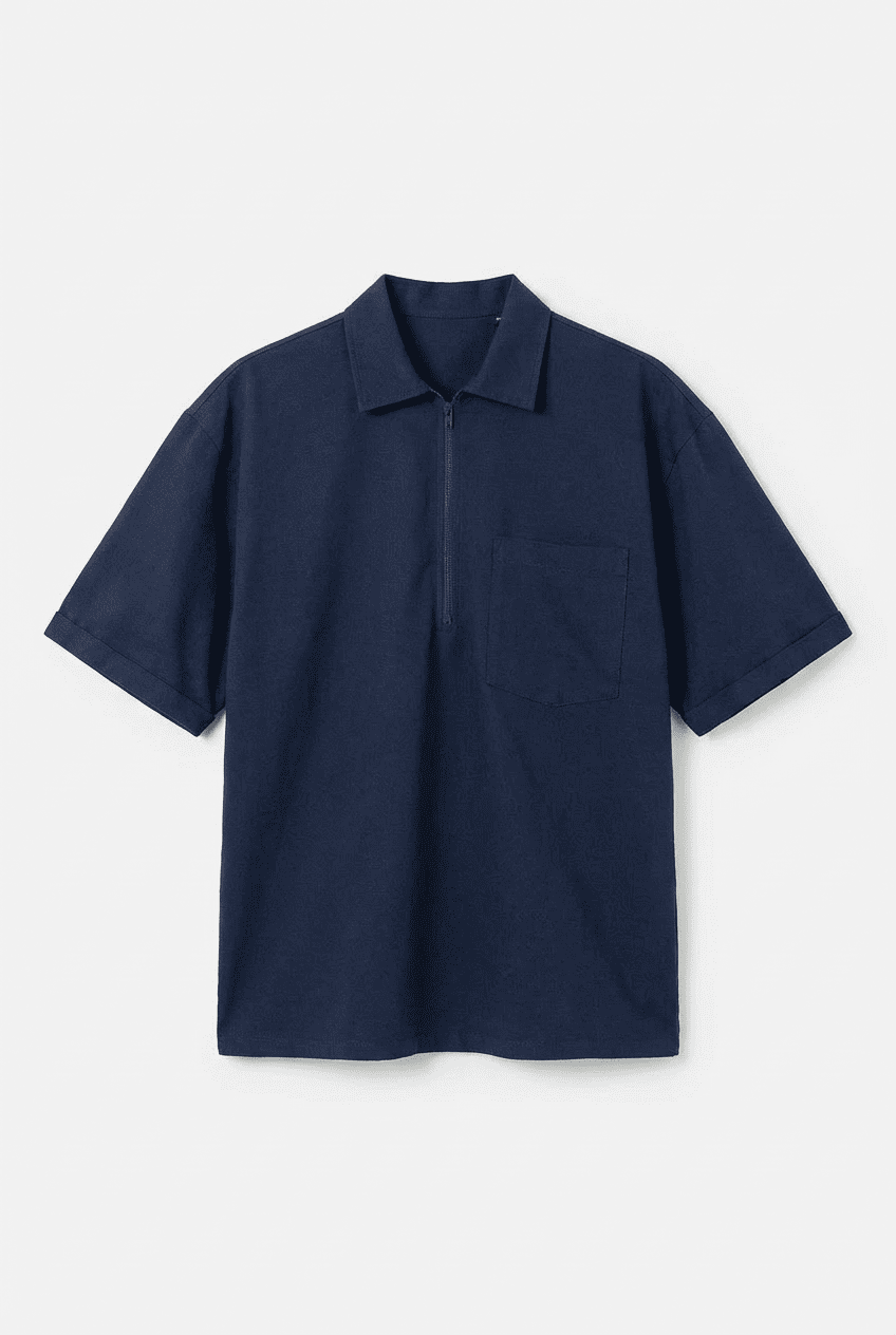 Navy blue half-zip short-sleeve polo shirt with chest pocket, front view flat lay