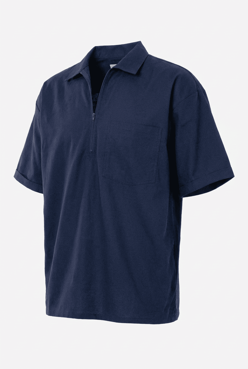 Navy blue half-zip short-sleeve polo shirt with chest pocket, front view 3D display