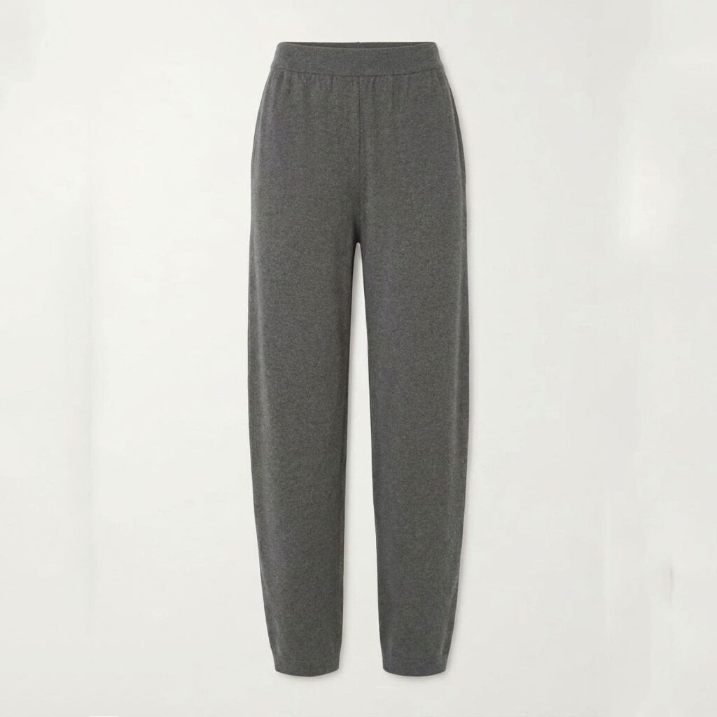 Heather grey knit jogger pants with elasticated waist and tapered cuffs, front view flat lay