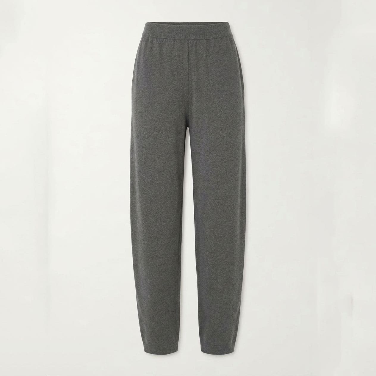 Heather grey knit jogger pants with elasticated waist and tapered cuffs, front view flat lay