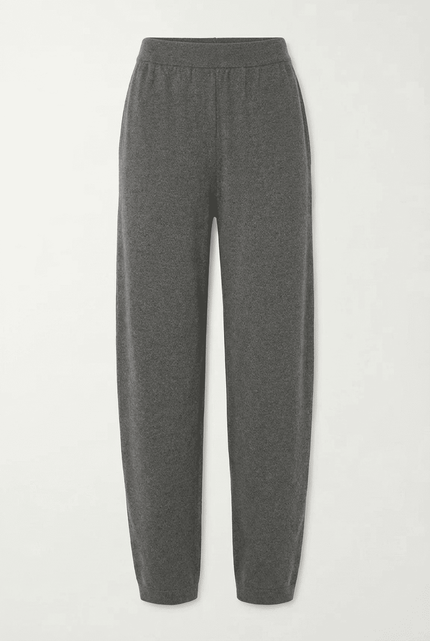 Heather grey knit jogger pants with elasticated waist and tapered cuffs, front view flat lay