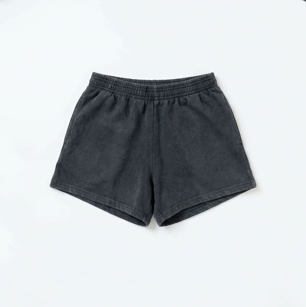 Charcoal gray washed fleece sweat shorts with elastic waistband, front view flat lay