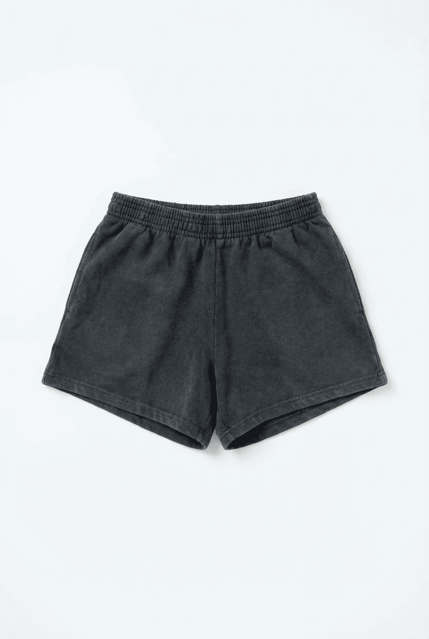 Charcoal gray washed sweat shorts with elastic waistband, front view flat lay