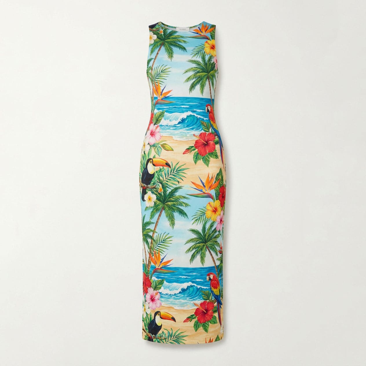 Tropical beach print sleeveless bodycon midi dress, front view flat lay with hibiscus, toucan, and wave motifs