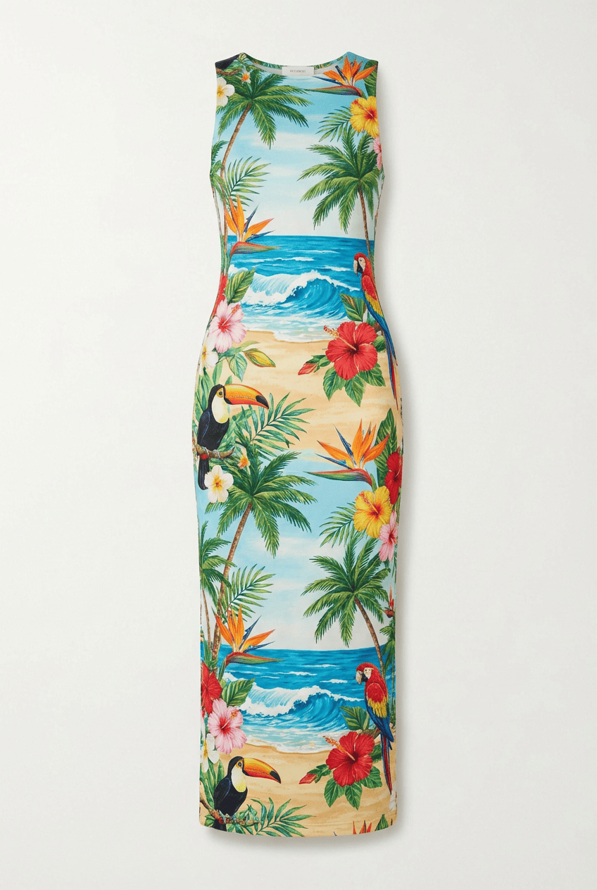 Tropical beach print sleeveless bodycon midi dress, front view flat lay with hibiscus, toucan, and wave motifs
