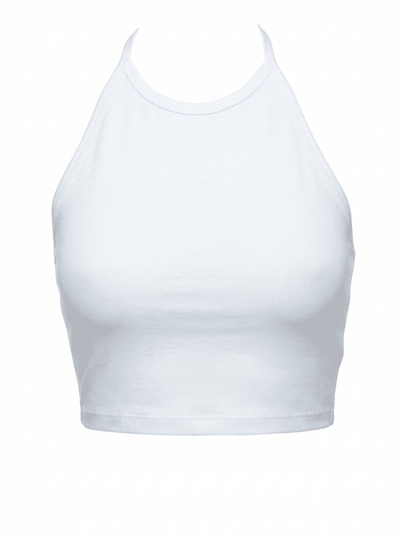 White halter-neck cropped tank top, front view flat lay