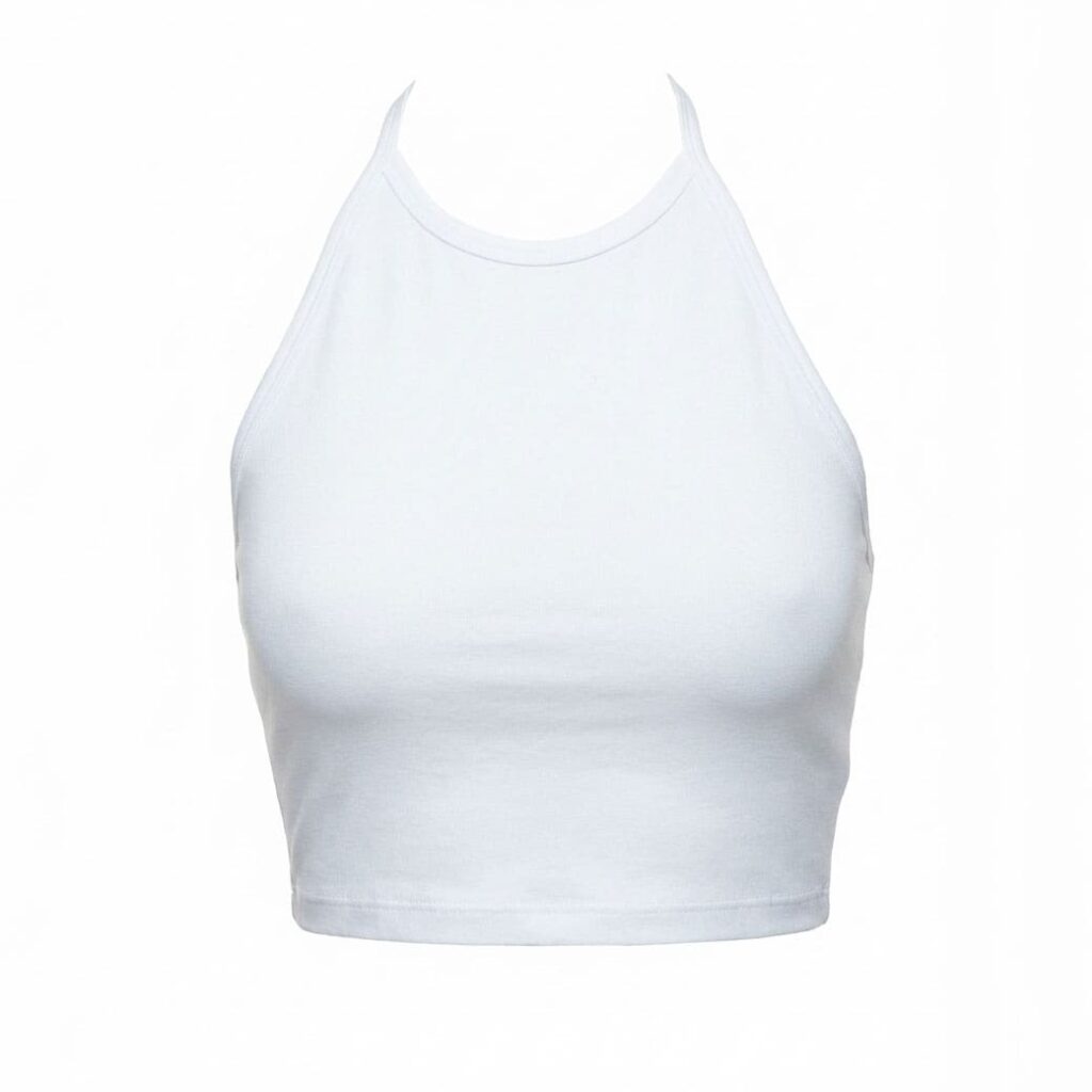 White halter-neck cropped top, front view flat lay