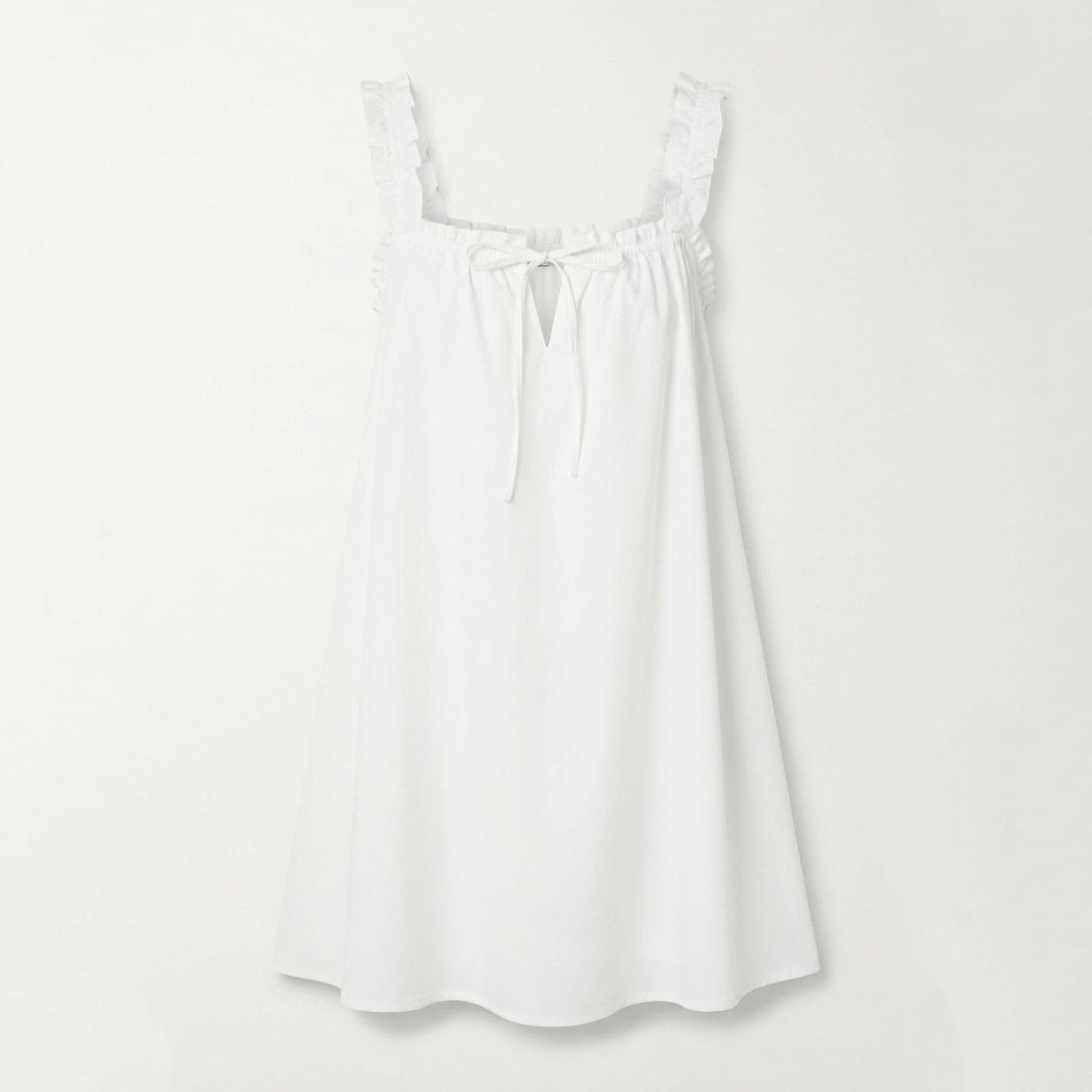 White cotton mini slip dress with ruffled straps, square neckline, and a front tie keyhole detail, front view flat lay