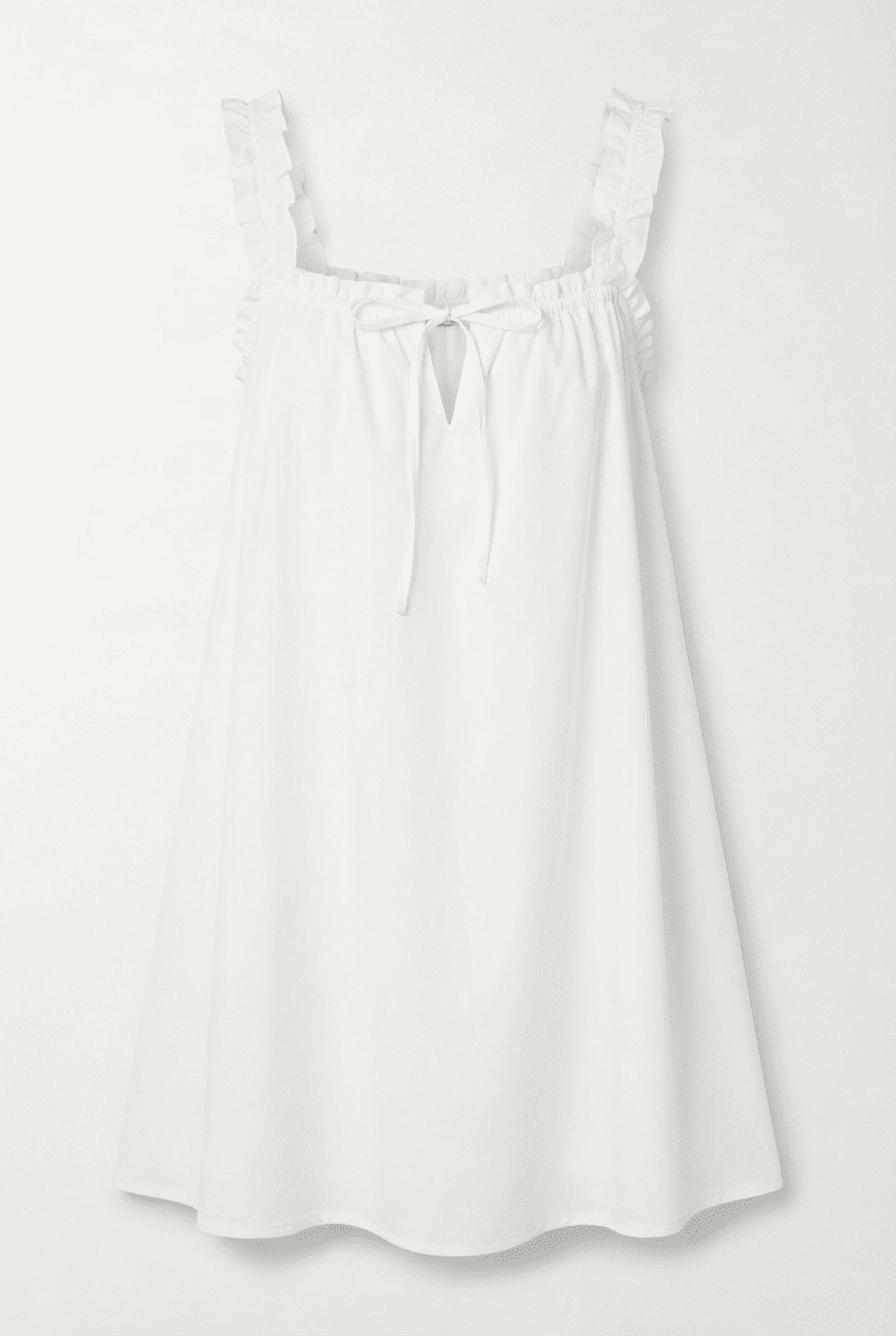 White cotton mini slip dress with ruffled straps, square neckline, and a front tie keyhole detail, front view flat lay