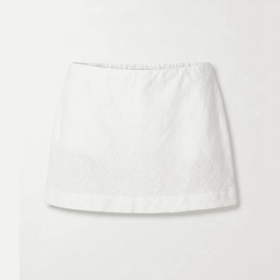 White terry cloth mini skirt, front view flat lay