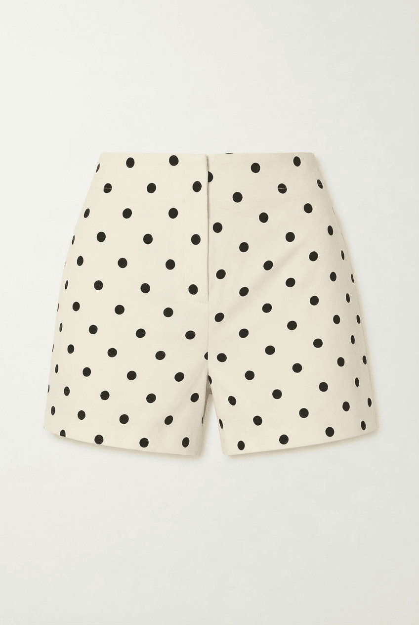 Ivory high-waisted shorts with black polka dot print, front view flat lay