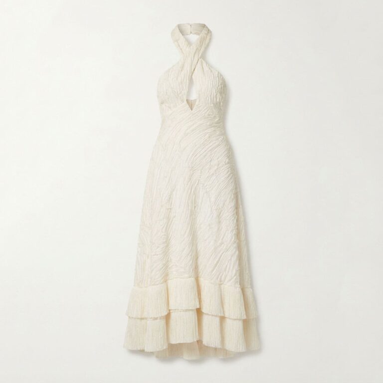 Women Ivory Halter Neck Textured Maxi Dress