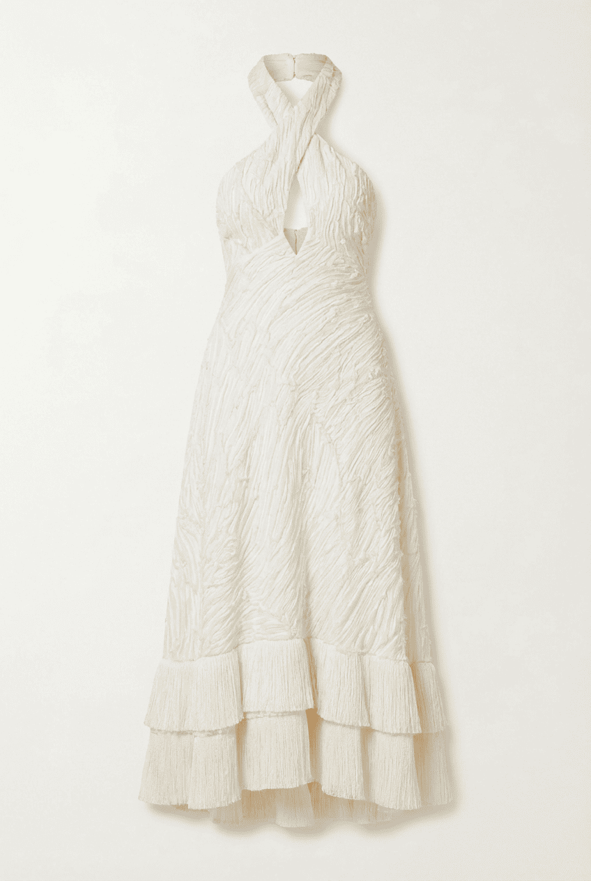 Ivory textured crinkle halter midi dress with cross-front neckline, keyhole bust detail, and double-tiered ruffled hem, front view flat lay