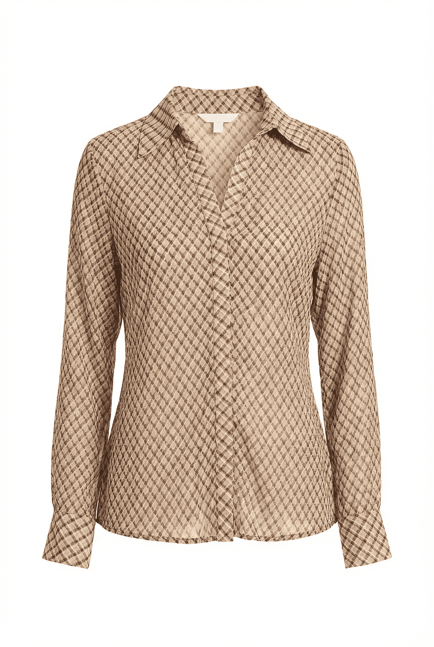 Tan diamond-check semi-sheer button-front shirt with a pointed collar, front view flat lay