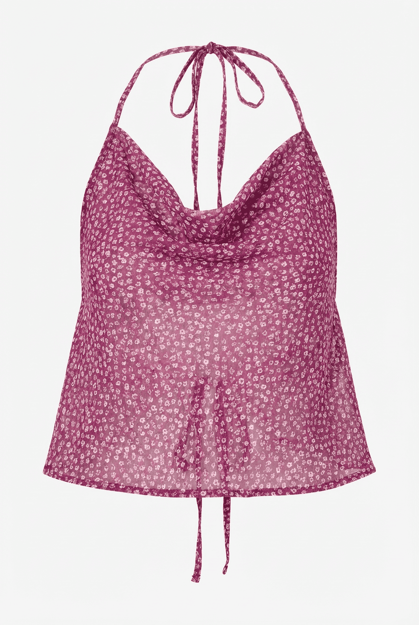 Magenta ditsy floral halter top with cowl neck and adjustable ties, front view flat lay