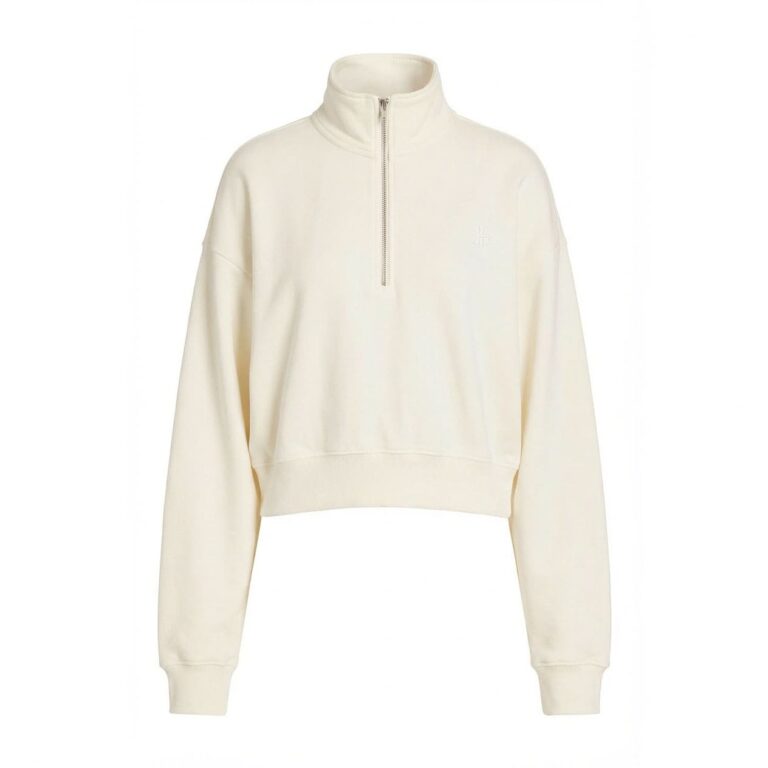 Women Cream Half-Zip Cropped Sweatshirt
