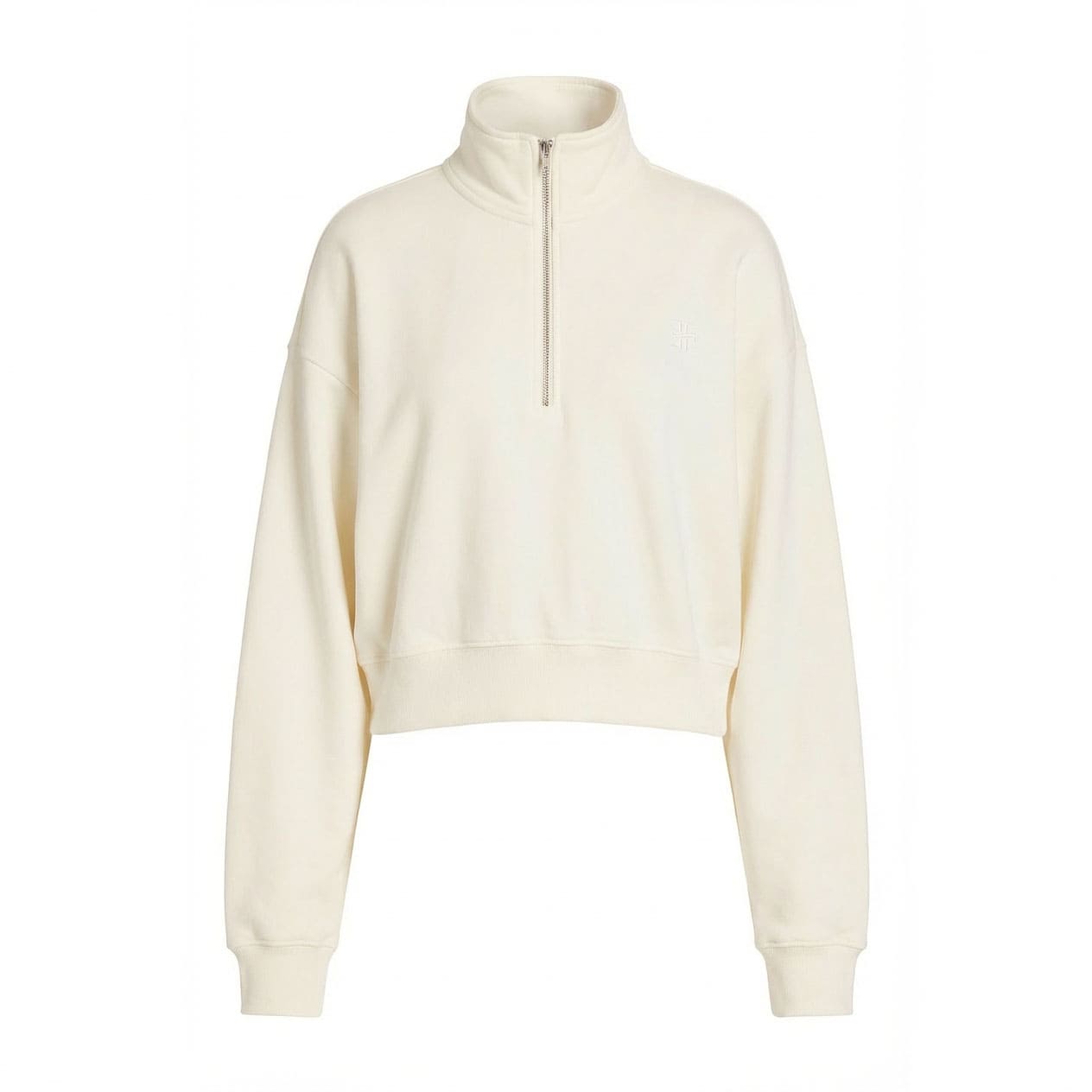 Women Cream Half-Zip Cropped Sweatshirt