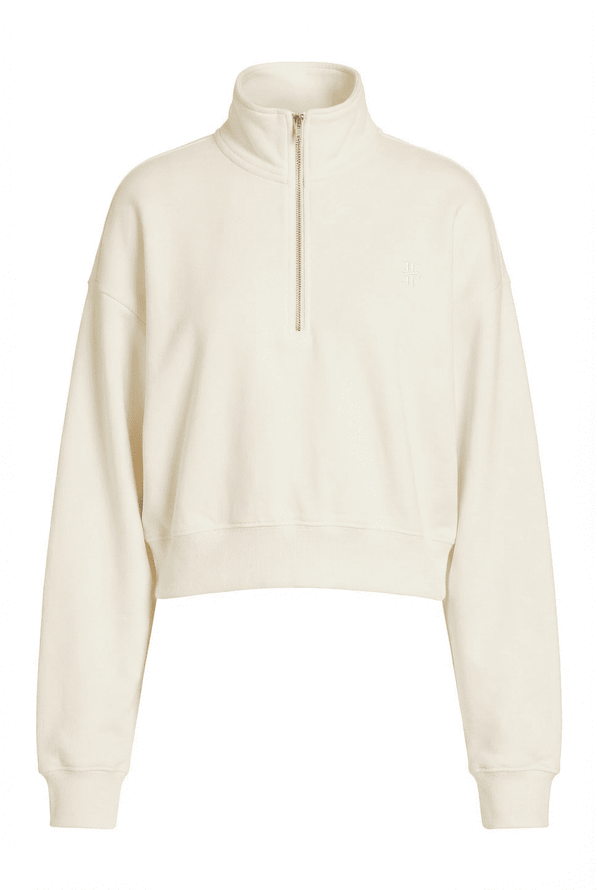 Off-white half-zip cropped sweatshirt with stand-up collar and subtle logo embroidery, front view flat lay