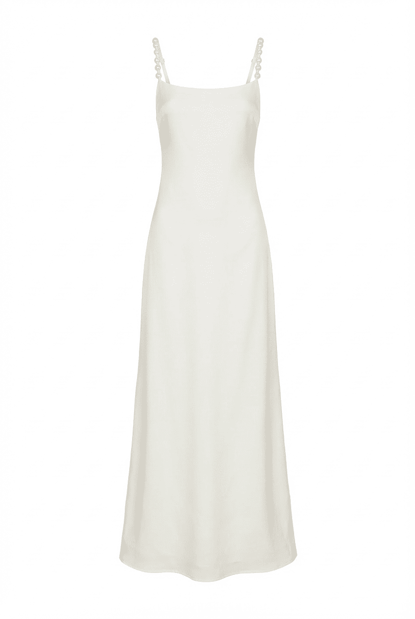 White satin maxi dress with pearl-embellished straps, square neckline, and fluid A-line hem, front view flat lay