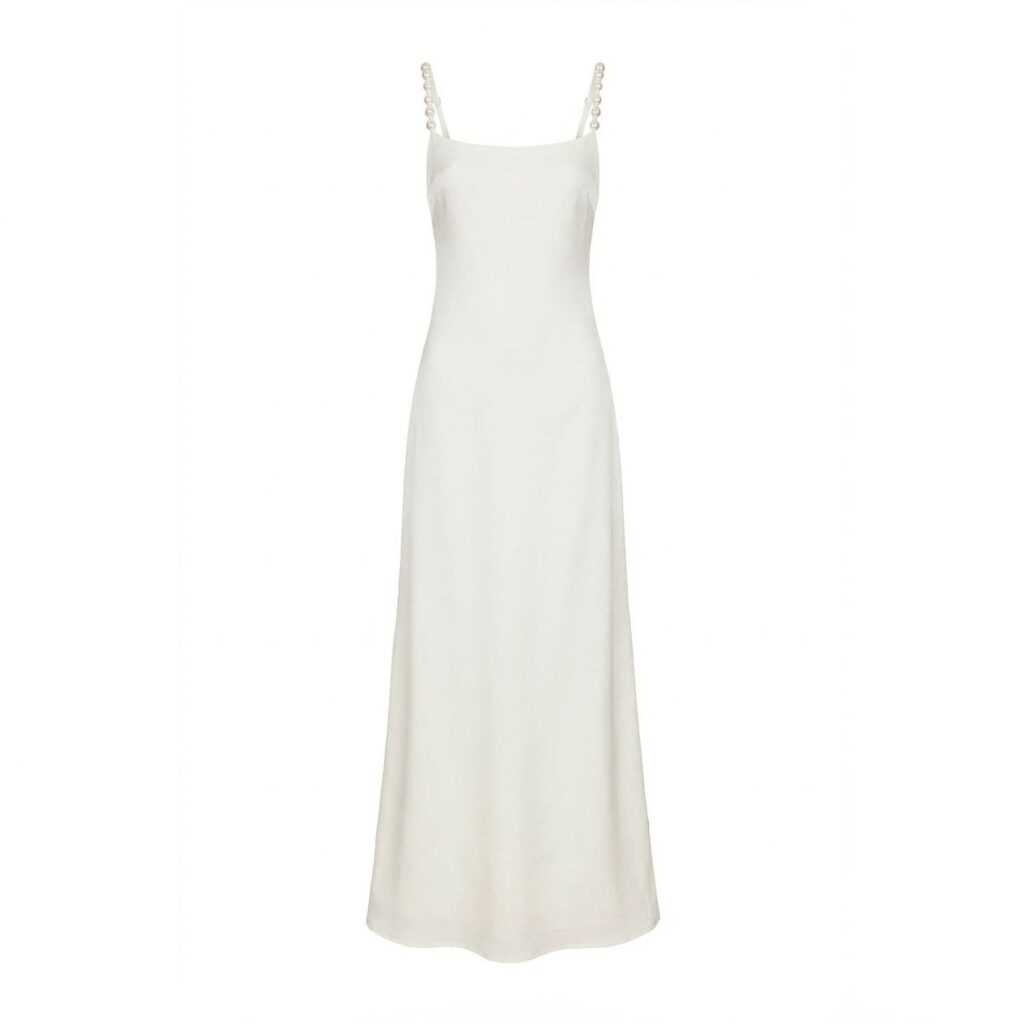 White satin maxi dress with pearl-embellished straps, square neckline, and fluid A-line hem, front view flat lay
