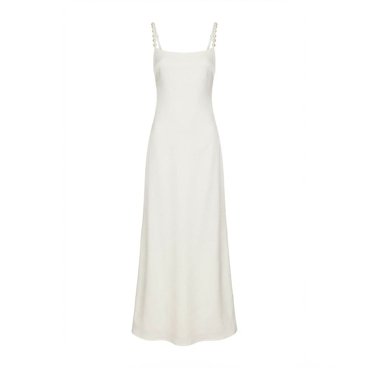 White satin maxi dress with pearl-embellished straps, square neckline, and fluid A-line hem, front view flat lay