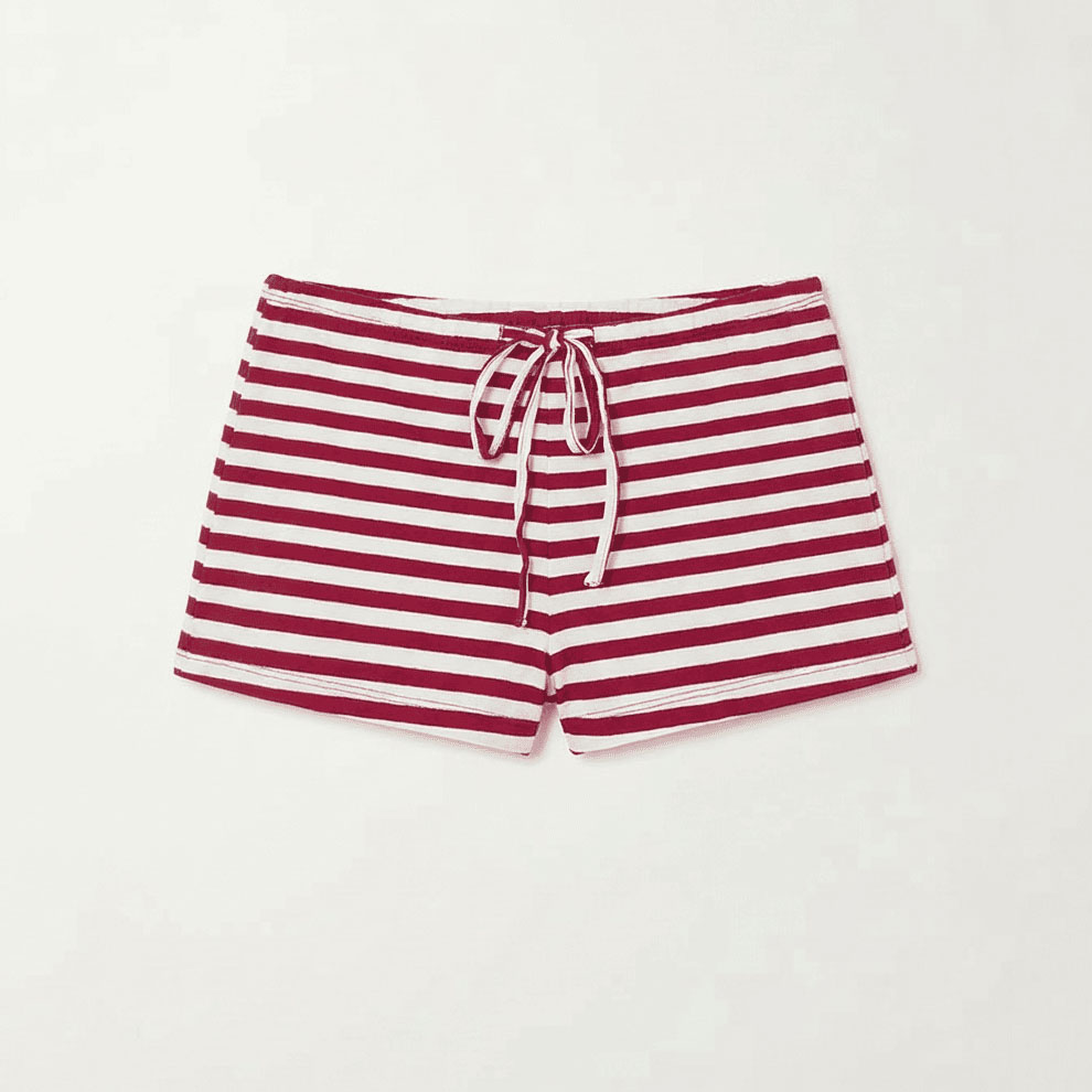Red and white striped low-rise sleep shorts with drawstring waistband, front view flat lay