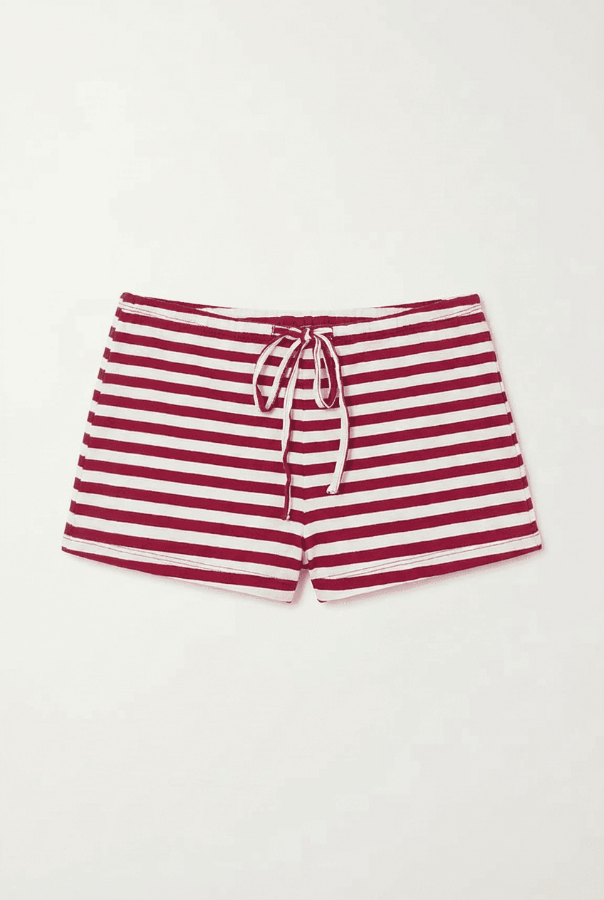 Red and white striped low-rise sleep shorts with drawstring waistband, front view flat lay