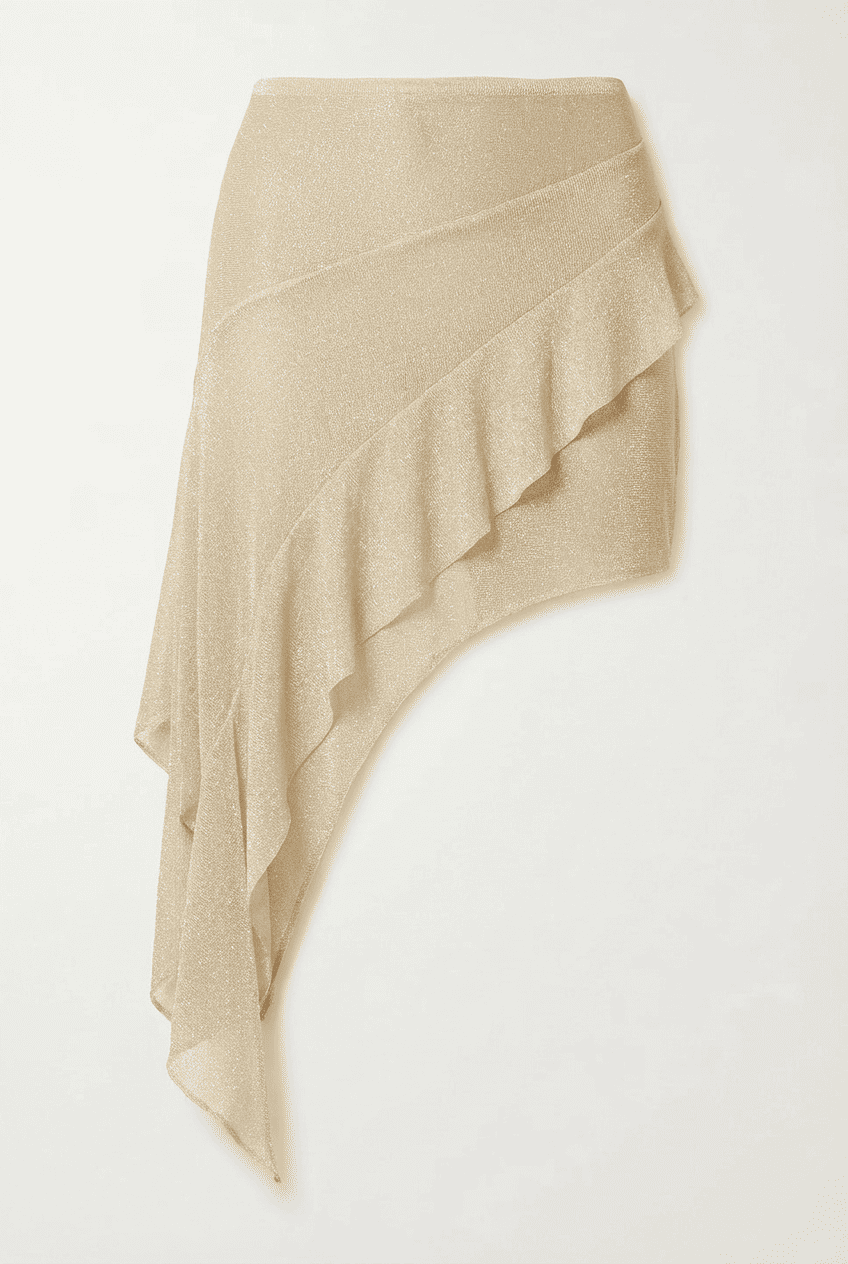 Champagne metallic asymmetric ruffled mini skirt, front view flat lay