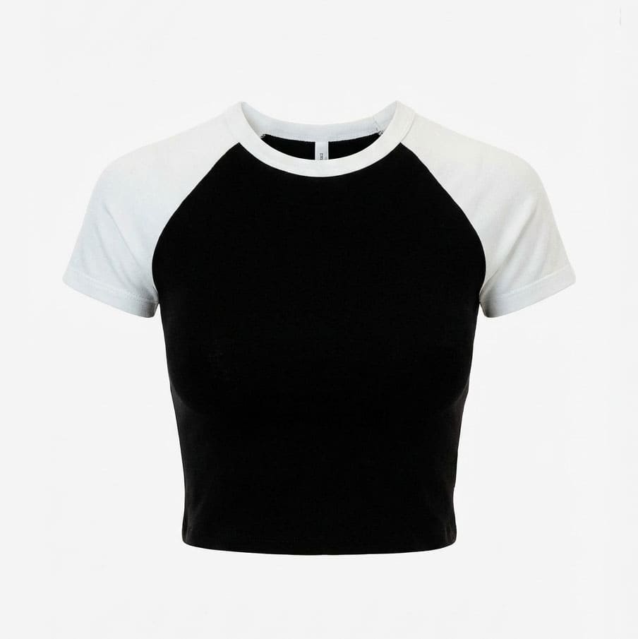Black and white raglan sleeve cropped baseball tee, front view flat lay