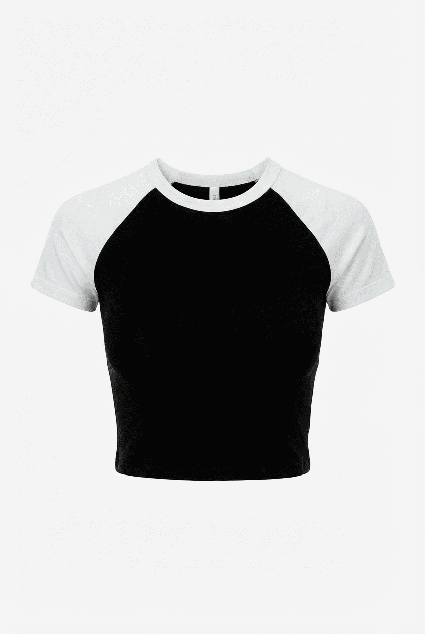Black and white raglan sleeve cropped baseball tee, front view flat lay