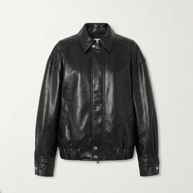 Women Black Oversized Leather Jacket With Collar Design