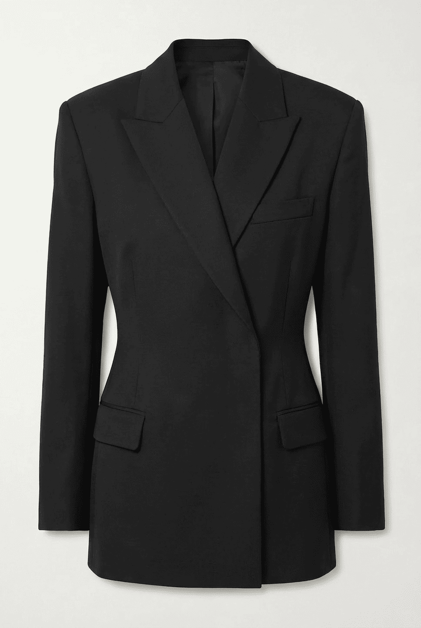 Black waist-cinched tailored blazer with peak lapels, single-breasted closure, and flap pockets, front view flat lay