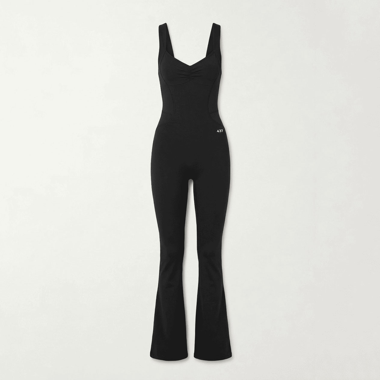 Black halter-neck flared jumpsuit with ruched bust and tailored seaming, front view flat lay
